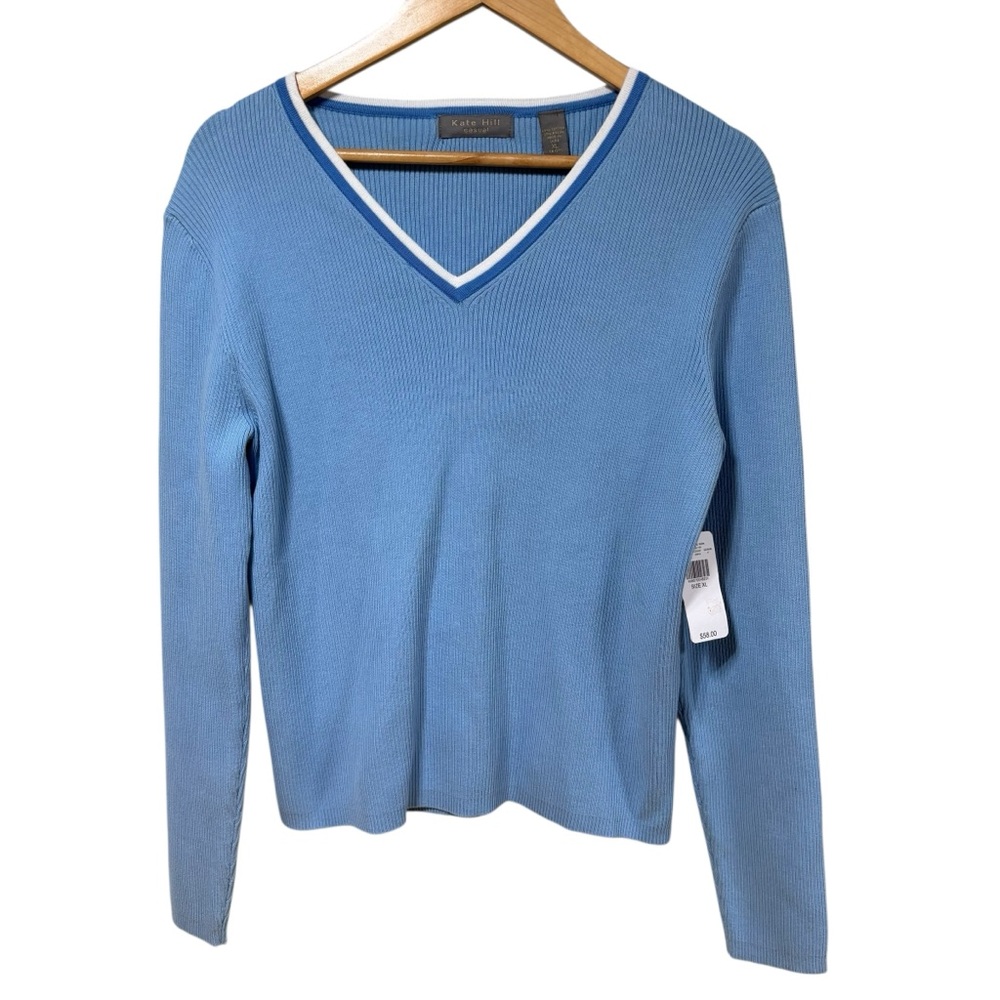 NWT Kate Hill Casual  Blue Ribbed V-Neck Sweater NWT Picnic In The‎ Park XL #575
